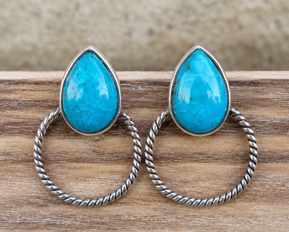 Sterling Silver Turquoise Hoop Stud Earrings Native Style Western Southwest 925